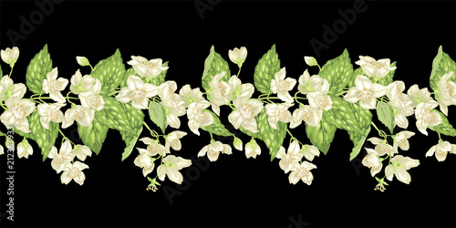 Horizontal seamless pattern ornamental line with jasmine flowers, buds and leaves