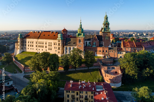 Wawel Castle and Cathedral in Krakow, Poland. Aerial view at sunrise