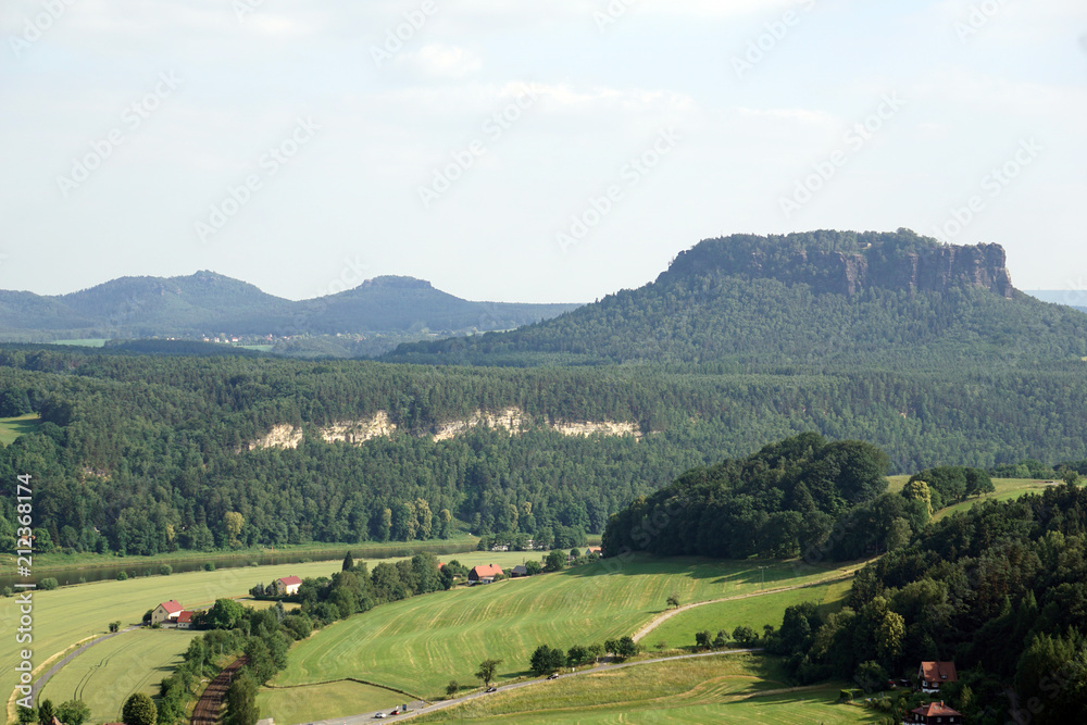 Landscape of national park Saxon Switzerland with Lilienstein in the Distance, Germany