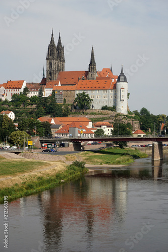 View of Meissen with the Albrechtsburg castle and the Meissen Cathedral, reflected in the Elba river, Saxony, Dresden, Germany