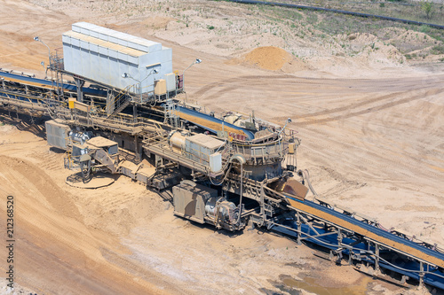 Brown coal open pit landscape with machinery conveyor belt in Garzweiler mine Germany photo