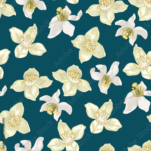 Citrus and jasmine flowers in vector illustration in seamless pattern