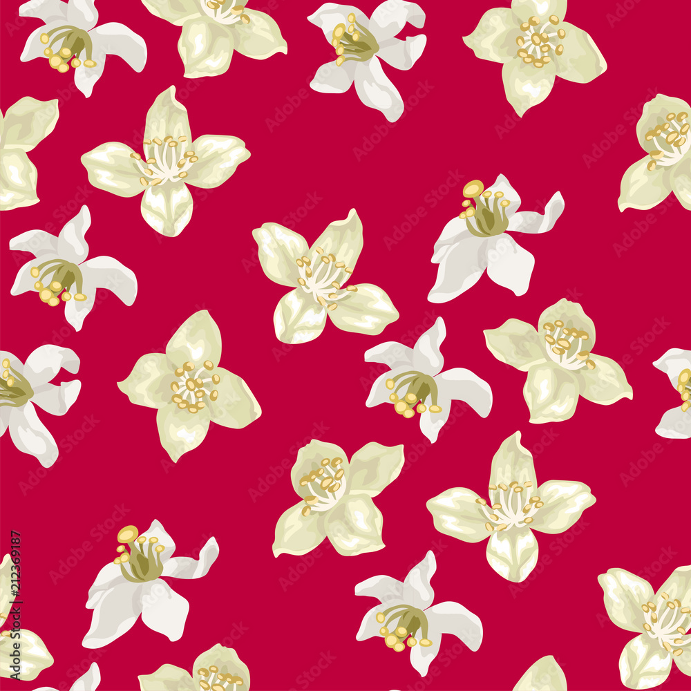 Citrus and jasmine flowers in vector illustration in seamless pattern