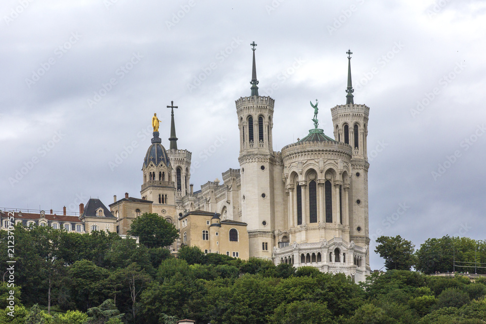 Basilique Fourviere. View of Basilica of Notre Dame de Fourviere, Lyon, France. The 