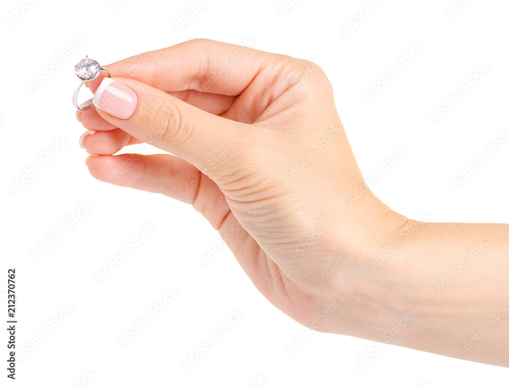 Silver white gold ring on hand on white background isolation