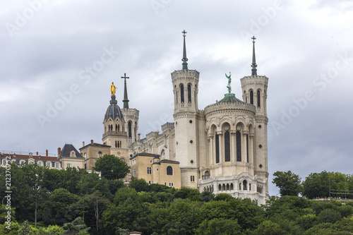 Basilique Fourviere. View of Basilica of Notre Dame de Fourviere, Lyon, France. The "La Fourviere" Church in Lyon.