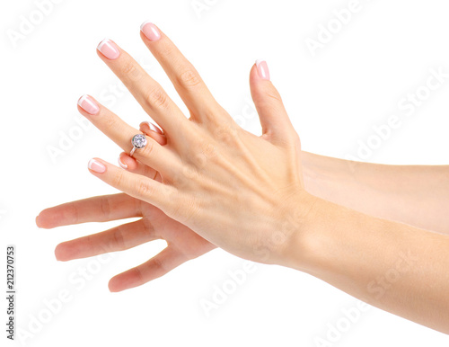 Silver white gold ring on hand on white background isolation