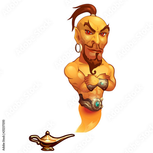 Genie from lamp isolated on white background. Vector cartoon close-up illustration.