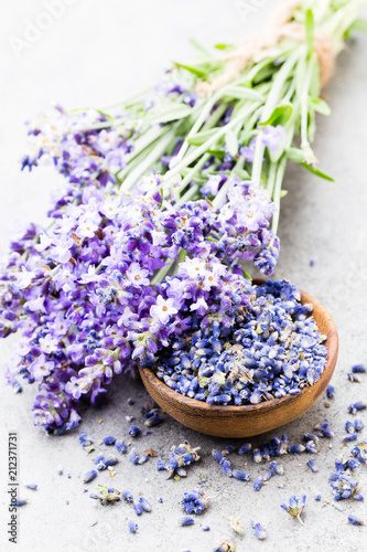 Lavender flowers, bouquet on rustic background, overhead.