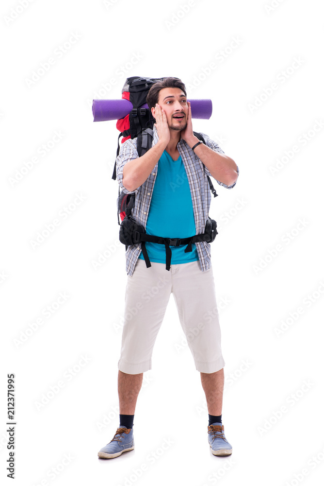Backpacker with large backpack isolated on white Backpacker with large backpack isolated on white