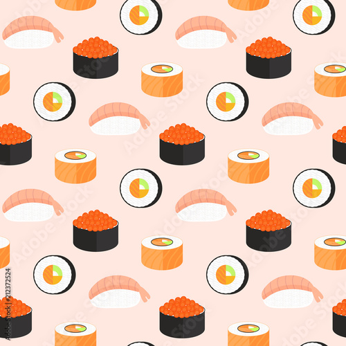 Sushi set, rolls with salmon, nigiri with shrimp, maki. Traditional Japanese food seamless pattern.