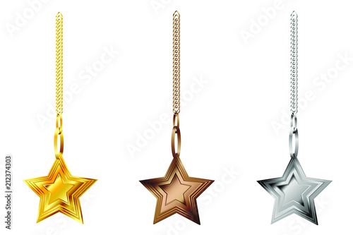 Set of Icons Metallic Chaines with Stars Isolated on White Background. Vector. 3D Illustration