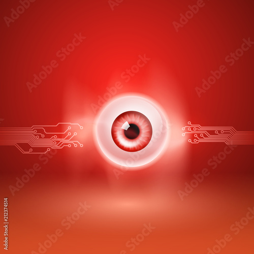 Abstract red background with eye and circuit. EPS10 vector background.