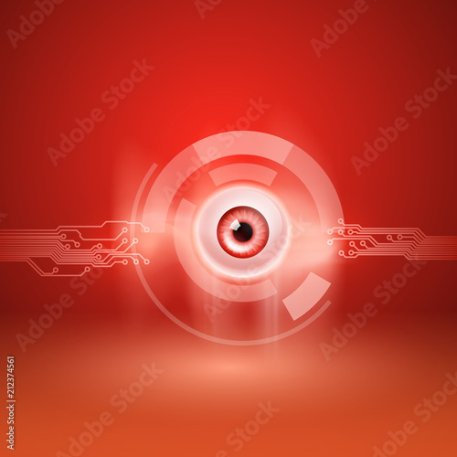 Abstract red background with eye and circuit. EPS10 vector background.