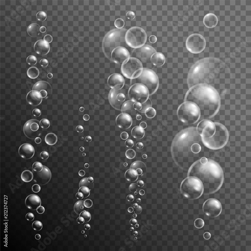 Underwater fizzing air bubbles stream on transparent background. Fizzy sparkles in water, sea, aquarium. Effervescent drink. Undersea vector texture.