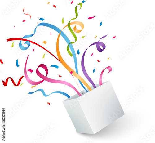Open box with colorful confetti and ribbon
