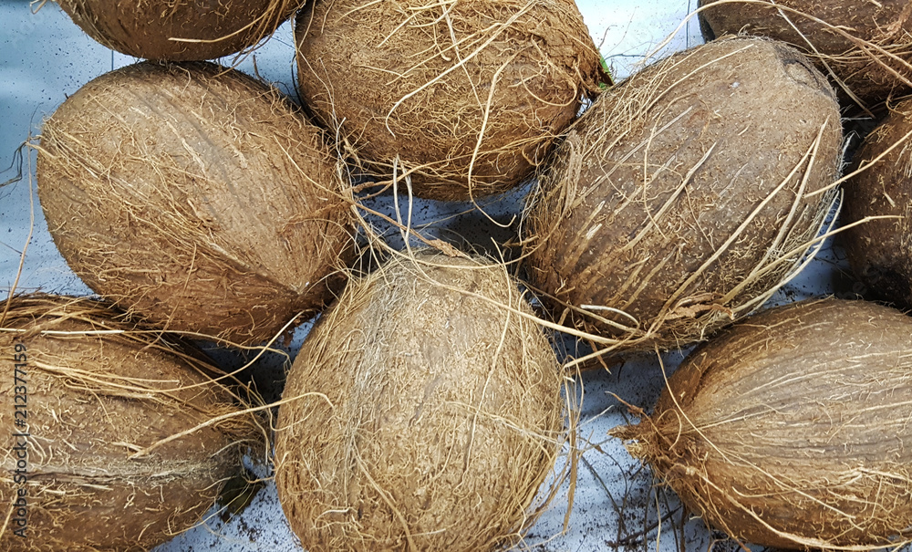 Coconuts in a food market Coconuts in a food market