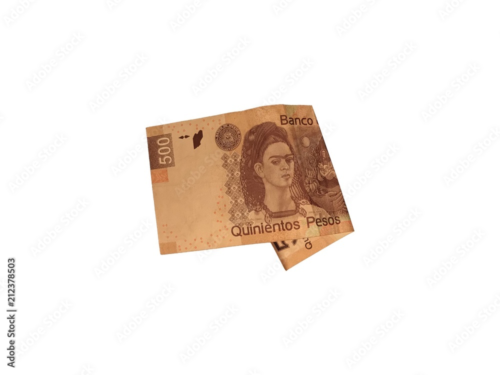 One single folded mexican peso 500 bill isolated on white background One single folded mexican peso 500 bill isolated on white background