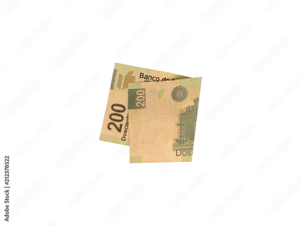 One single folded mexican peso 200 bill isolated on white background One single folded mexican peso 200 bill isolated on white background
