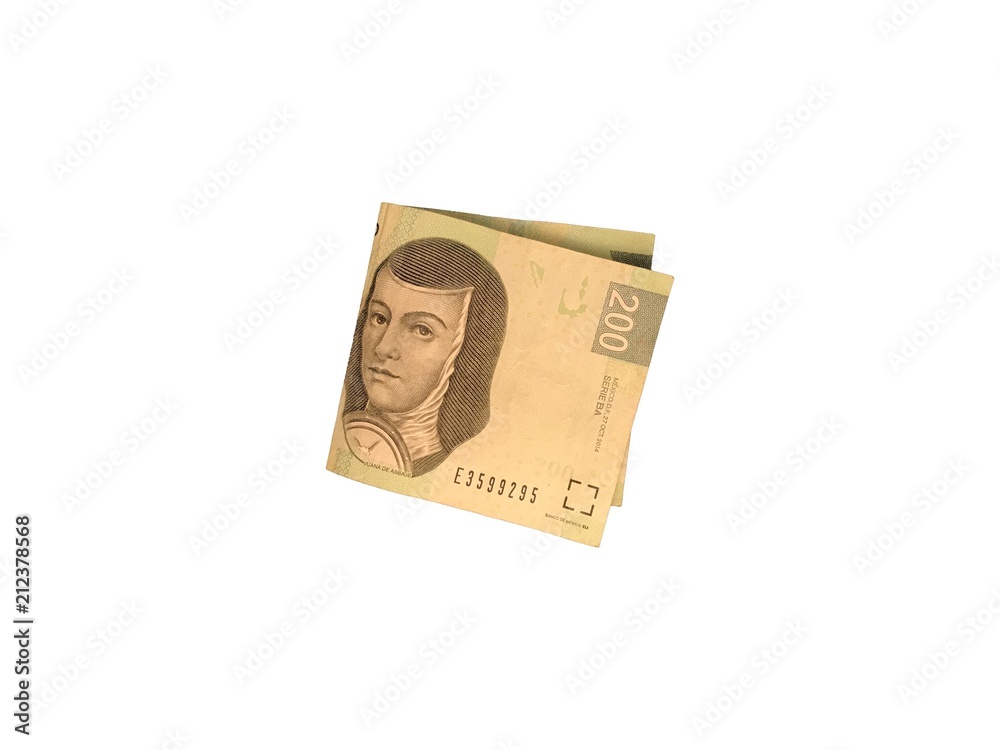 One single folded mexican peso 200 bill isolated on white background One single folded mexican peso 200 bill isolated on white background