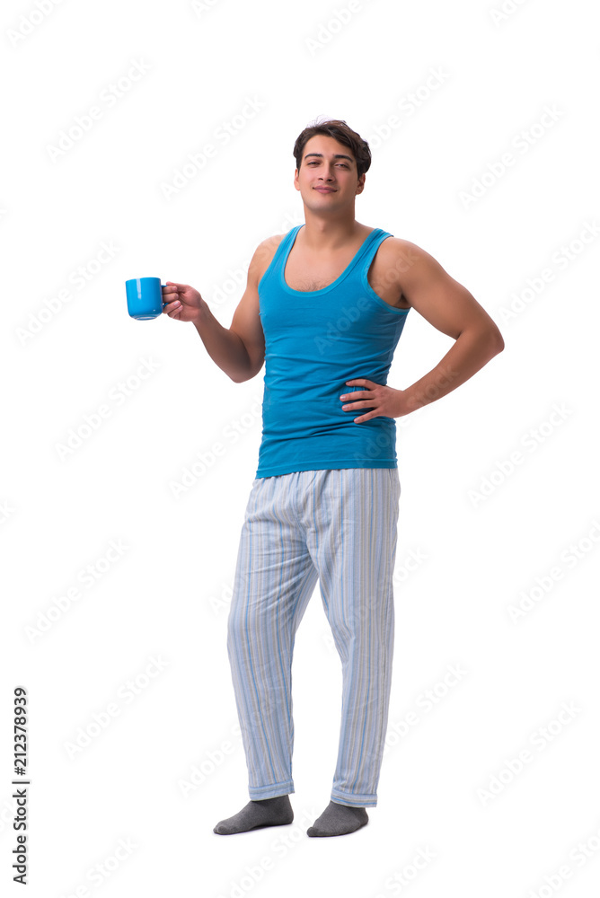 Man waking up with alarm clock isolated on white Man waking up with alarm clock isolated on white