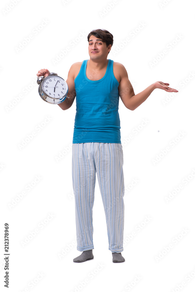 Man waking up with alarm clock isolated on white Man waking up with alarm clock isolated on white