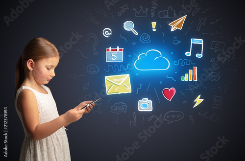 Adorable girl working on tablet with application and gadgets concept
 photo