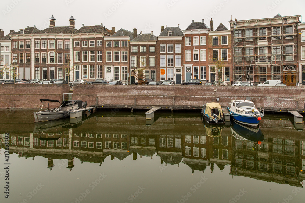 Reflections of Row Houses on the Canal in Middelburg, Netherlands