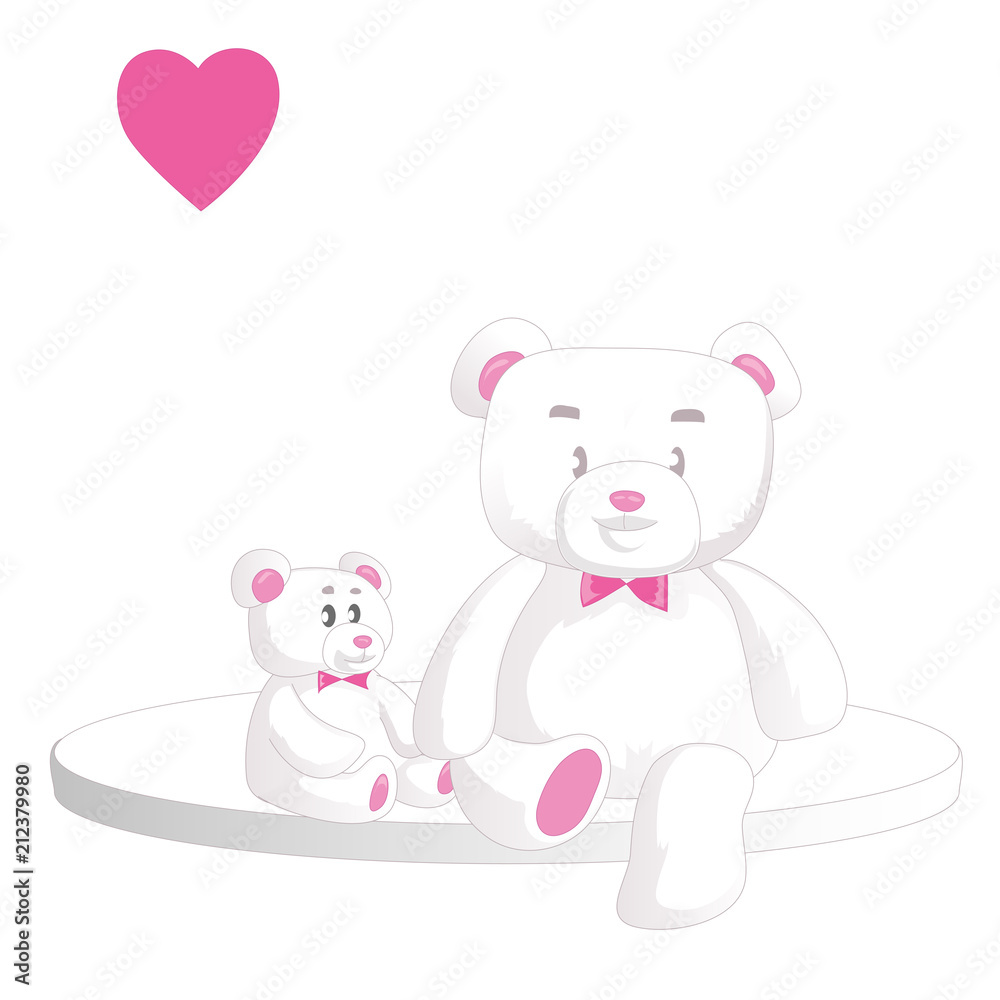 Two cute white teddy bears with heart isolated on white background. Vector illustration.