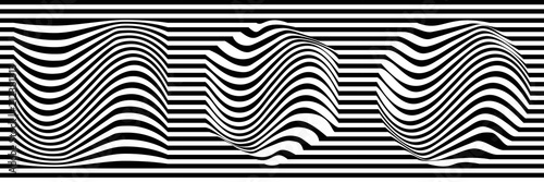 Panoramic Abstract Black and White Geometric Pattern with Stripes and Waves. Optical Psychedelic Illusion. Wicker Structural Texture. Raster Illustration