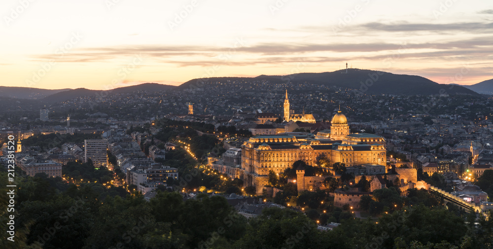 The panoramic view of the castle of Budapest, Hungary at dusk