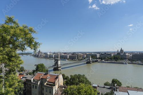 A view of the chain bridge from the castle hill in Budapest, Hungary.
