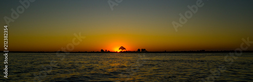 The chore delta area and Chobe river at sunset with a tree in silhouette . 