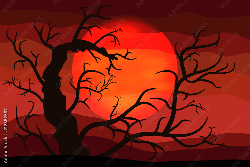 The Bloody Halloween Background with Silhouettes of the Terrible Tree. A Poster in a Flat Style. Raster Illustration