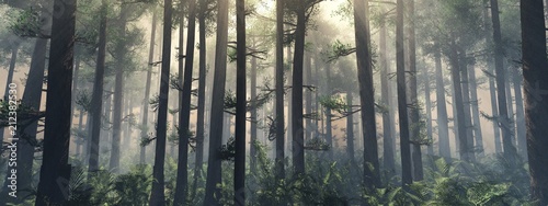Fototapeta Drzewa we mgle. Dym w lesie rano. Mglisty poranek wśród drzew. Renderowania 3D
