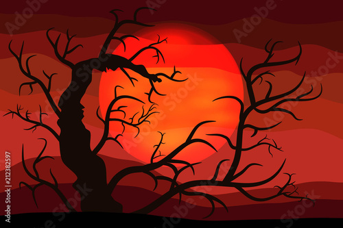 The Bloody Halloween Background with Silhouettes of the Terrible Tree. A Poster in a Flat Style. Raster Illustration
