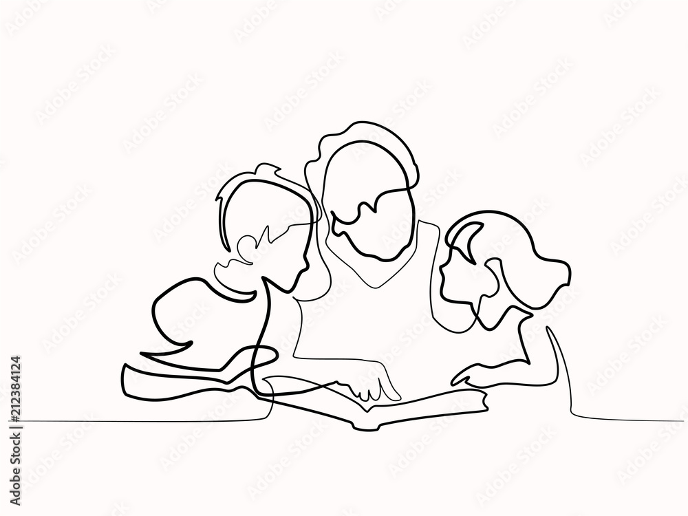 Continuous one line drawing. Grandmother reading book with her grandchildren. Vector illustration