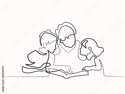 Continuous one line drawing. Grandmother reading book with her grandchildren. Vector illustration