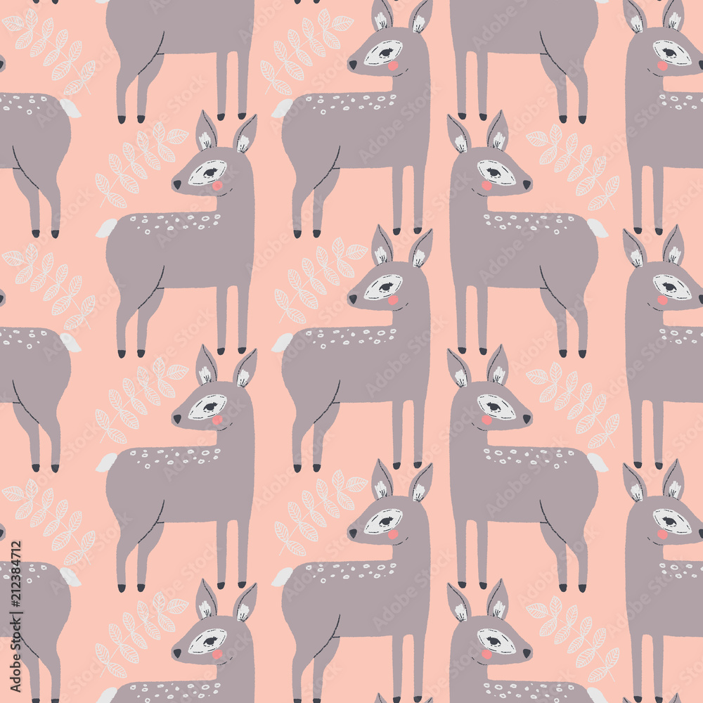 vector deer and branches on orange seamless repeat pattern