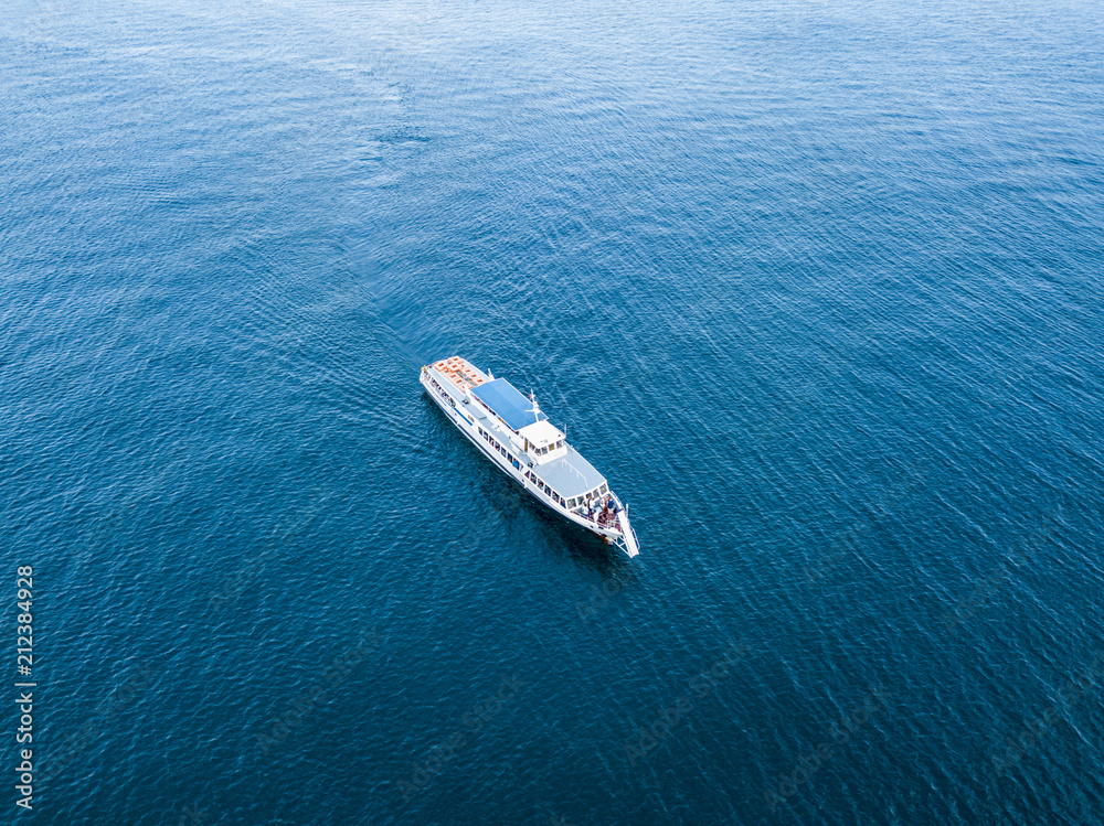 aerial ferry cruise ship top down above view isolated on water sea surface