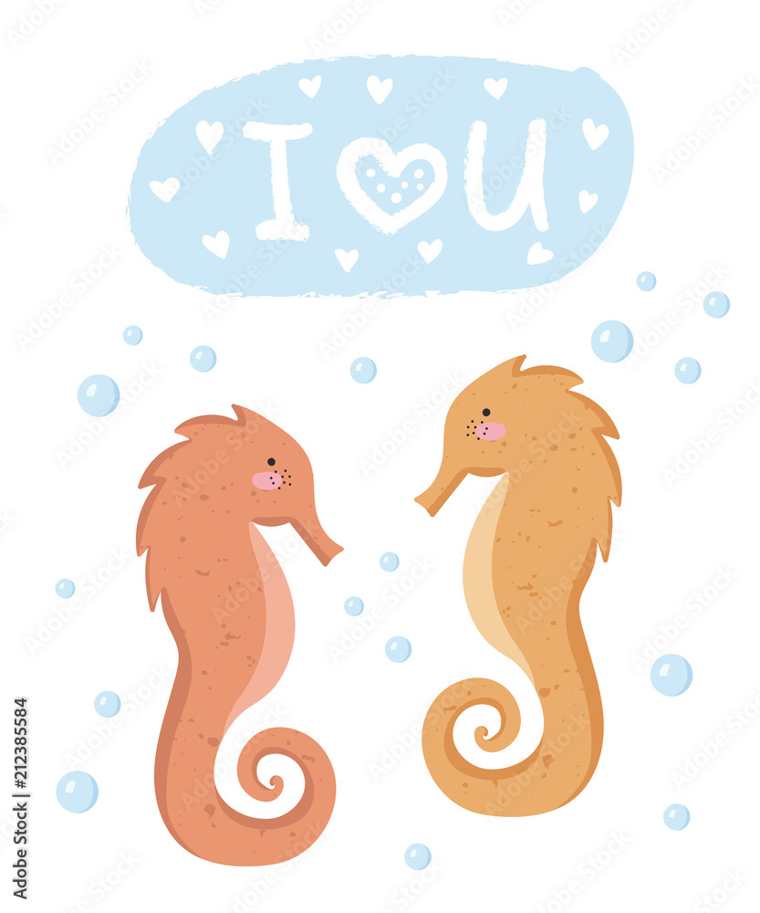 Vector set of cute poster with funny sea animal and text. Postcard with adorable sea horse on background, pastel colors Vector set of cute poster with funny sea animal and text. Postcard with adorable sea horse on background, pastel colors