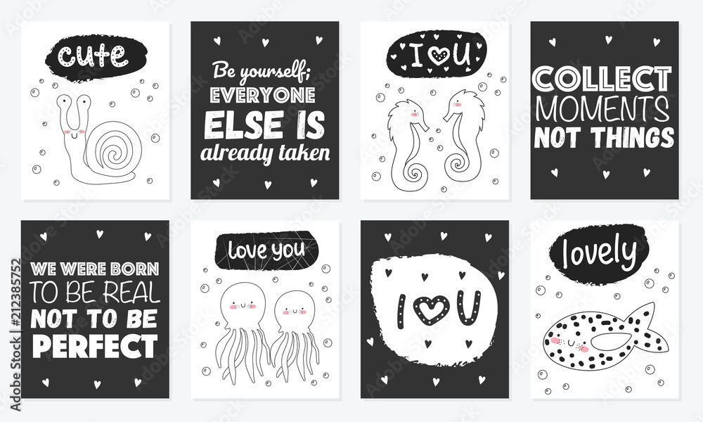 Vector set of cute postcards with funny sea animals and text. Poster with adorable marine objects on background