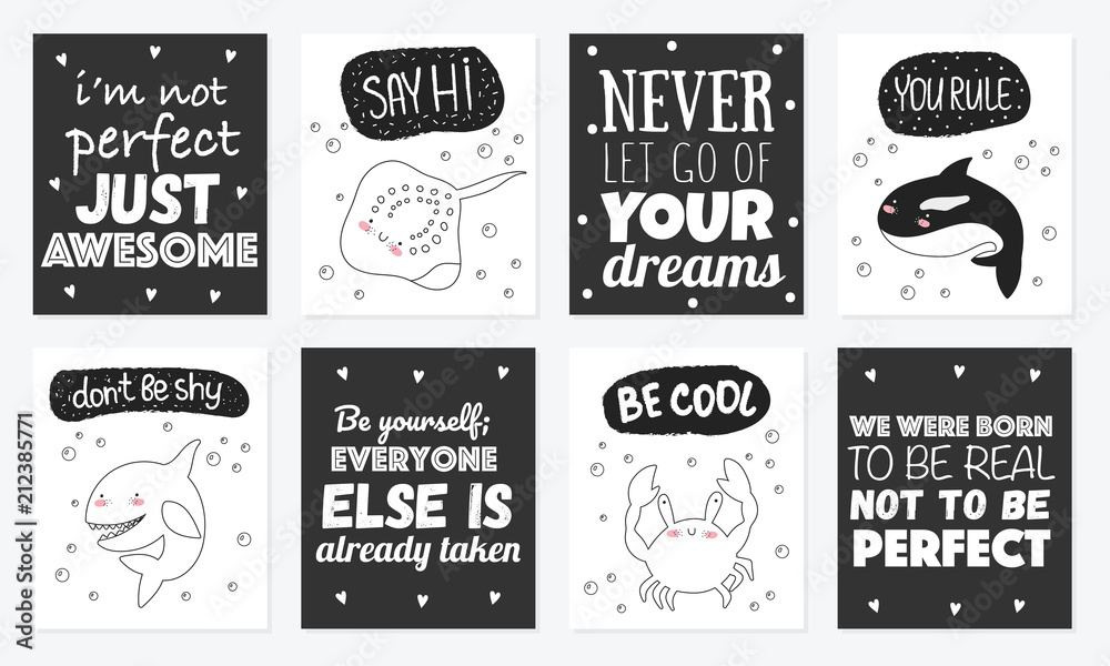 Vector set of cute postcards with funny sea animals and text.