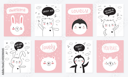 Vector cartoon collection of postcards with cute doodle animals with motivation lettering phrase