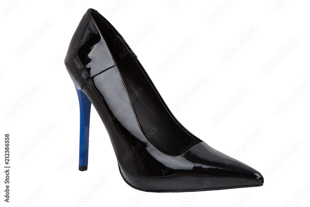 Black Patent Leather High Heel Shoe with Blue Sole Isolated on White Background Black Patent Leather High Heel Shoe with Blue Sole Isolated on White Background