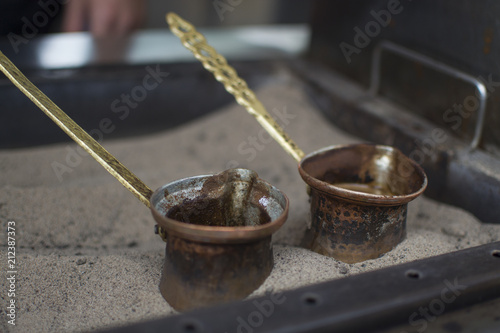 the process of making Turkish coffee in Turk on the sand