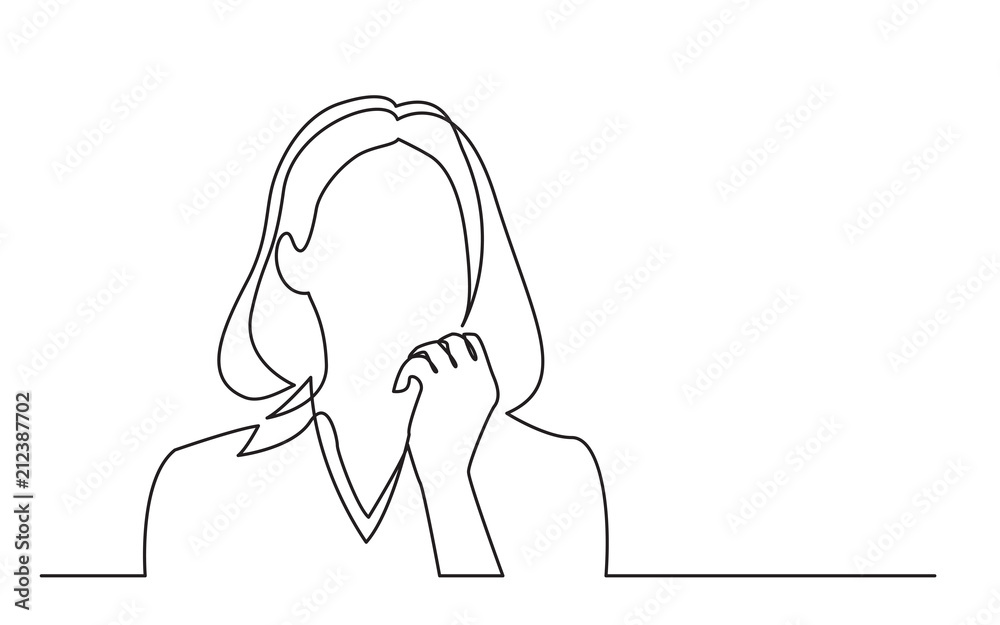 continuous line drawing of woman thinking about problems