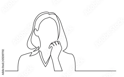 continuous line drawing of woman thinking about problems