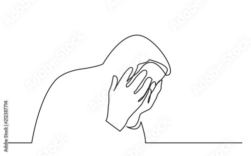 continuous line drawing of sitting person in grief