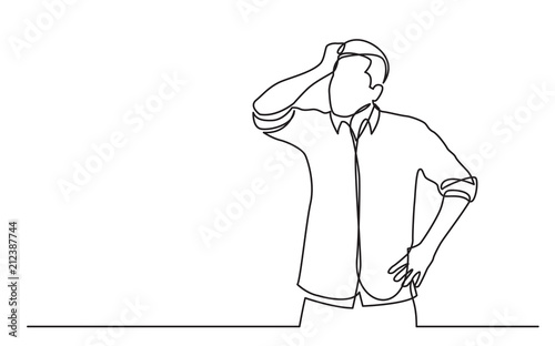 continuous line drawing of standing confused man in shirt